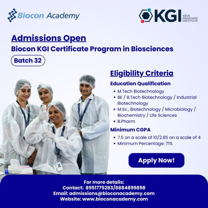 Biocon KGI Certificate Program in Biosciences Batch 32 | Admissions Open Biocon KGI Certificate Program in Biosciences Batch 32 | Admissions Open