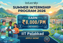 Summer Internship 2026 at IIT Palakkad. Biological Science Candidates, Apply Now and Earn ₹8,000/- per month.