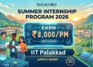 Summer Internship 2026 at IIT Palakkad. Biological Science Candidates, Apply Now and Earn ₹8,000/- per month.