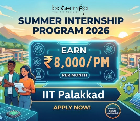 Summer Internship 2026 at IIT Palakkad. Biological Science Candidates, Apply Now and Earn ₹8,000/- per month.