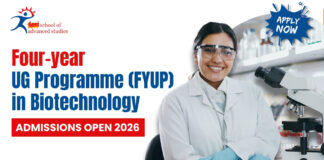 Four-year UG Programme (FYUP) in Biotechnology | Admissions Open 2026 at TERI SAS Explore Four-year UG Programme (FYUP) in Biotechnology 2026 at TERI SAS with Hands-On Labs, & Strong Research Opportunities.