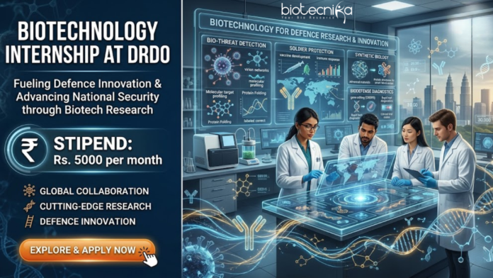Biotechnology Internship at DRDO-INMAS. Undergraduate & Postgraduate Biotech Candidates, Apply Now. Earn a Stipend of ₹ 5000 per month. Biotechnology Internship at DRDO-INMAS. Undergraduate & Postgraduate Biotech Candidates, Apply Now. Earn a Stipend of ₹ 5000 per month.