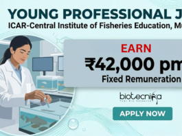 Young Professional Job at ICAR-Central Institute of Fisheries Education, Mumbai. Life Sciences Candidates Apply Now, Earn ₹42,000 per month.