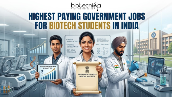 Highest Paying Government Jobs for Biotech Students in India (1) Highest Paying Government Jobs for Biotech Students in India. Three Indian scientists with biotech government job offers.