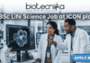 BSc Life Science Job Alert – ICON Hiring Clinical Data Coordinator II in Bangalore! A professional job posting image for a "BSc Life Science Job at ICON plc." The image features two scientists in white lab coats collaborating in a modern, high-tech laboratory, looking excitedly at a vibrant, colorful biological scan on a computer monitor. The Biotecnika logo is positioned at the top center, and a prominent green "APPLY NOW" button is located in the bottom right corner. The overall atmosphere is professional, innovative, and engaging.