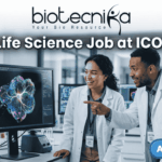 BSc Life Science Job Alert – ICON Hiring Clinical Data Coordinator II in Bangalore! A professional job posting image for a "BSc Life Science Job at ICON plc." The image features two scientists in white lab coats collaborating in a modern, high-tech laboratory, looking excitedly at a vibrant, colorful biological scan on a computer monitor. The Biotecnika logo is positioned at the top center, and a prominent green "APPLY NOW" button is located in the bottom right corner. The overall atmosphere is professional, innovative, and engaging.