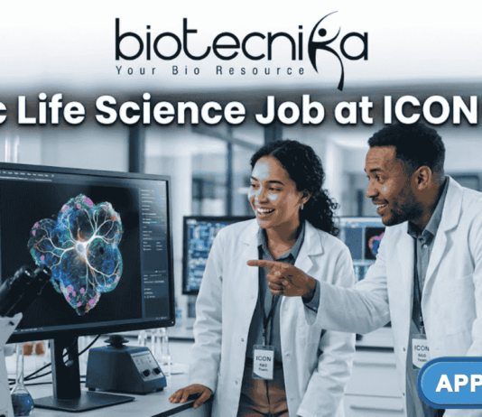 BSc Life Science Job Alert – ICON Hiring Clinical Data Coordinator II in Bangalore! A professional job posting image for a "BSc Life Science Job at ICON plc." The image features two scientists in white lab coats collaborating in a modern, high-tech laboratory, looking excitedly at a vibrant, colorful biological scan on a computer monitor. The Biotecnika logo is positioned at the top center, and a prominent green "APPLY NOW" button is located in the bottom right corner. The overall atmosphere is professional, innovative, and engaging.