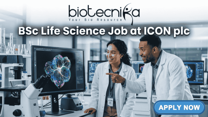 BSc Life Science Job Alert – ICON Hiring Clinical Data Coordinator II in Bangalore! A professional job posting image for a "BSc Life Science Job at ICON plc." The image features two scientists in white lab coats collaborating in a modern, high-tech laboratory, looking excitedly at a vibrant, colorful biological scan on a computer monitor. The Biotecnika logo is positioned at the top center, and a prominent green "APPLY NOW" button is located in the bottom right corner. The overall atmosphere is professional, innovative, and engaging.