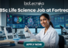 BSc Life Science Job at Fortrea Opportunity You Shouldn’t Miss. A promotional featured image for a job page. At the top, text reads: "biotecnika Your Bio Resource" and the headline "BSc Life Science Job at Fortrea". The image depicts a smiling female scientist of Indian heritage, in a white lab coat and nitrile gloves, using a multichannel pipette to work with a 96-well plate at a modern laboratory bench. The background features three large, curved monitors displaying complex data visualizations like protein structures, molecular pathways, and generic clinical trial progress charts. Foreground elements include binders labeled "Clinical Studies" and "R&D reports", microcentrifuge tubes, and multiple pipettes. At the bottom center is a teal "APPLY NOW" button.