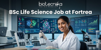 Urgent Hiring! BSc Life Science Job at Fortrea | Opportunity You Shouldn’t Miss BSc Life Science Job at Fortrea Opportunity You Shouldn’t Miss. A promotional featured image for a job page. At the top, text reads: "biotecnika Your Bio Resource" and the headline "BSc Life Science Job at Fortrea". The image depicts a smiling female scientist of Indian heritage, in a white lab coat and nitrile gloves, using a multichannel pipette to work with a 96-well plate at a modern laboratory bench. The background features three large, curved monitors displaying complex data visualizations like protein structures, molecular pathways, and generic clinical trial progress charts. Foreground elements include binders labeled "Clinical Studies" and "R&D reports", microcentrifuge tubes, and multiple pipettes. At the bottom center is a teal "APPLY NOW" button.