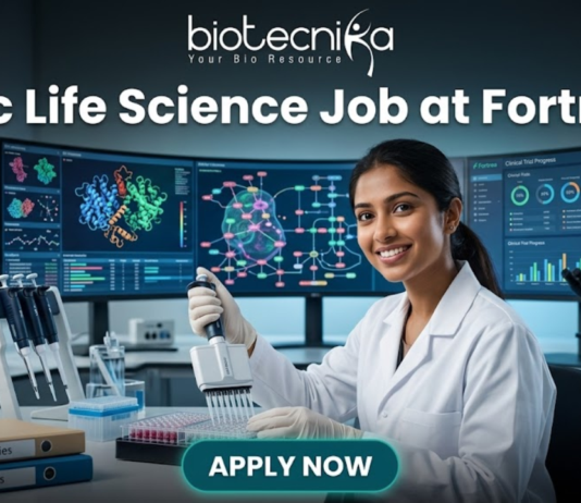 BSc Life Science Job at Fortrea Opportunity You Shouldn’t Miss. A promotional featured image for a job page. At the top, text reads: "biotecnika Your Bio Resource" and the headline "BSc Life Science Job at Fortrea". The image depicts a smiling female scientist of Indian heritage, in a white lab coat and nitrile gloves, using a multichannel pipette to work with a 96-well plate at a modern laboratory bench. The background features three large, curved monitors displaying complex data visualizations like protein structures, molecular pathways, and generic clinical trial progress charts. Foreground elements include binders labeled "Clinical Studies" and "R&D reports", microcentrifuge tubes, and multiple pipettes. At the bottom center is a teal "APPLY NOW" button.