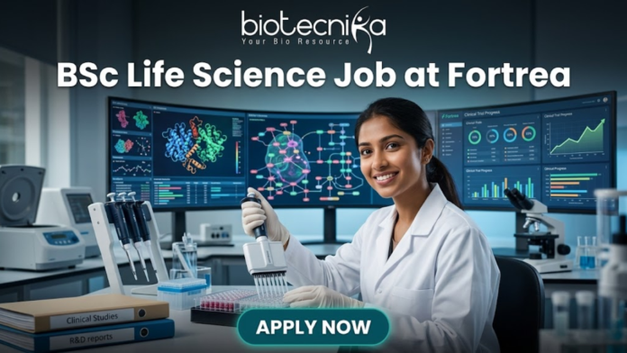 BSc Life Science Job at Fortrea Opportunity You Shouldn’t Miss BSc Life Science Job at Fortrea Opportunity You Shouldn’t Miss. A promotional featured image for a job page. At the top, text reads: "biotecnika Your Bio Resource" and the headline "BSc Life Science Job at Fortrea". The image depicts a smiling female scientist of Indian heritage, in a white lab coat and nitrile gloves, using a multichannel pipette to work with a 96-well plate at a modern laboratory bench. The background features three large, curved monitors displaying complex data visualizations like protein structures, molecular pathways, and generic clinical trial progress charts. Foreground elements include binders labeled "Clinical Studies" and "R&D reports", microcentrifuge tubes, and multiple pipettes. At the bottom center is a teal "APPLY NOW" button.