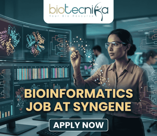A high-tech promotional graphic for a Bioinformatics Job at Syngene, featuring the Biotecnika logo at the top. The image depicts a female scientist in a professional office setting, using a digital stylus to interact with glowing, transparent holographic screens. These displays show complex biological data, including 3D molecular protein structures, genetic heatmaps, and phylogenetic trees. In the background, a modern laboratory with other researchers is visible. The central text reads "BIOINFORMATICS JOB AT SYNGENE" in bold gold lettering, with a dark blue "APPLY NOW" button located at the bottom center.