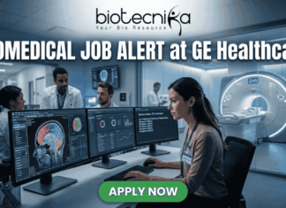 Biomedical Job Alert at GE Healthcare | Exciting Job Opportunity for Graduates Biomedical Job at GE Healthcare Clinical Specialist Role. A professional featured image for a Biomedical Job Alert at GE Healthcare. The Biotecnika logo is positioned at the top center. The main scene shows a female biomedical professional sitting at a modern workstation with dual monitors displaying high-resolution brain scans (MRI/CT) and complex data analytics. In the background, other colleagues in white lab coats are visible in a brightly lit, high-tech clinical environment. Behind a glass partition, a large, state-of-the-art medical imaging scanner is featured. At the bottom, a prominent green button reads "APPLY NOW." The image uses a professional blue and white color palette to emphasize a cutting-edge healthcare setting.