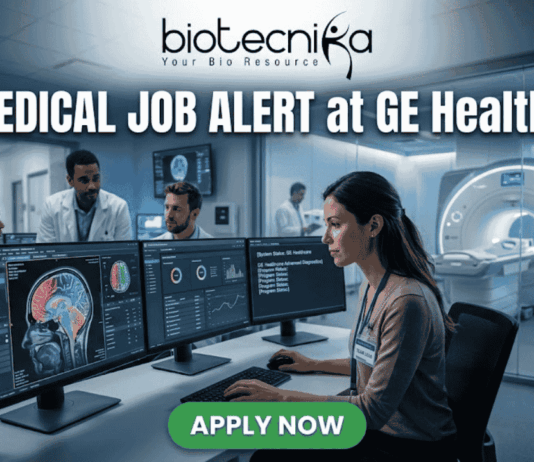 Biomedical Job at GE Healthcare Clinical Specialist Role. A professional featured image for a Biomedical Job Alert at GE Healthcare. The Biotecnika logo is positioned at the top center. The main scene shows a female biomedical professional sitting at a modern workstation with dual monitors displaying high-resolution brain scans (MRI/CT) and complex data analytics. In the background, other colleagues in white lab coats are visible in a brightly lit, high-tech clinical environment. Behind a glass partition, a large, state-of-the-art medical imaging scanner is featured. At the bottom, a prominent green button reads "APPLY NOW." The image uses a professional blue and white color palette to emphasize a cutting-edge healthcare setting.
