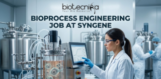 Bioprocess Engineering Job at Syngene | Biopharma Analyst Role in Bangalore | Apply Now! Bioprocess Engineering Job at Syngene Biopharma Analyst Role in Bangalore Apply Now! A professional featured image for a biotechnology job opening at Lupin. The scene depicts a female scientist in a modern, high-tech laboratory wearing a white lab coat and safety gear, working with a multichannel pipette and a multi-well plate. The background shows computer monitors with molecular structures and advanced lab equipment. The image includes the Biotecnika logo at the top center, the bold text "BIOTECHNOLOGY JOB AT LUPIN" in the middle, and a prominent "APPLY NOW" button at the bottom.
