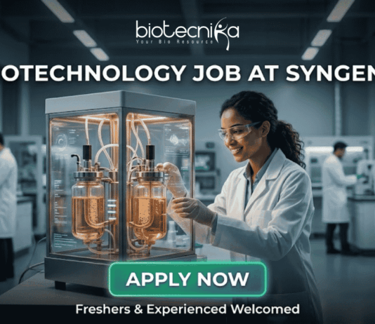 Biotechnology Job at Syngene Bangalore. A minimalist black text-based logo on a plain white background, featuring the primary word "biotecnika" in a modern, lower-case sans-serif font. Below the main name, the tagline "Your Bio Resource" is in a smaller, spaced-out serif font. Integrated into the right side of the "biotecnika" text is a stylized, single-line glyph of an abstract human figure with an outstretched arm.