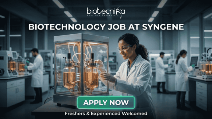 Biotechnology Job at Syngene Bangalore Biotechnology Job at Syngene Bangalore. A minimalist black text-based logo on a plain white background, featuring the primary word "biotecnika" in a modern, lower-case sans-serif font. Below the main name, the tagline "Your Bio Resource" is in a smaller, spaced-out serif font. Integrated into the right side of the "biotecnika" text is a stylized, single-line glyph of an abstract human figure with an outstretched arm.