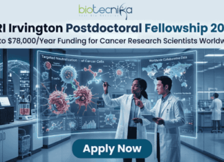 CRI Irvington Postdoctoral Fellowship 2026: Up to $78,000/Year Funding for Cancer Research Scientists Worldwide A high-tech promotional graphic for the CRI Irvington Postdoctoral Fellowship 2026, featuring the Biotecnika logo at the top. The main headline reads "CRI Irvington Postdoctoral Fellowship 2026" with a sub-headline: "Up to $78,000/Year Funding for Cancer Research Scientists Worldwide." In a futuristic, dimly lit laboratory with a night-time city skyline visible through floor-to-ceiling windows, two scientists—a woman and a man in white lab coats—interact with a large, glowing cyan holographic interface. The display shows a detailed 3D model titled "Targeted Neutralization of Cancer Cells" alongside a world map labeled "Worldwide Collaborative Data," symbolizing global research impact. At the bottom center, a prominent dark teal "Apply Now" button stands out against the sleek laboratory environment.