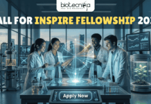 Call for INSPIRE Fellowship 2025 | Fully Funded Research Opportunity by DST Call for INSPIRE Fellowship 2025 Fully Funded Research Opportunity by DST. A vibrant featured image banner for a life science freshers job posting. At the top, on a deep teal semi-transparent banner, is the white Biotecnika logo. Below it, in white text, is the headline "MSc LIFE SCIENCE FRESHERS JOB" followed by "at Thermo Fisher Scientific". The scene below shows five smiling young scientists in clean lab coats collaborating dynamically around a large, transparent holographic display of a complex molecular structure in a state-of-the-art, sunlit life science laboratory. Centered at the bottom, there is a green-blue button with wave patterns that says "Apply now".