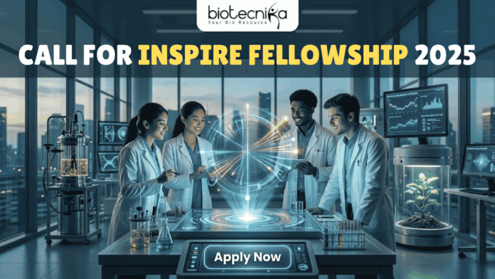 Call for INSPIRE Fellowship 2025 Fully Funded Research Opportunity by DST Call for INSPIRE Fellowship 2025 Fully Funded Research Opportunity by DST. A vibrant featured image banner for a life science freshers job posting. At the top, on a deep teal semi-transparent banner, is the white Biotecnika logo. Below it, in white text, is the headline "MSc LIFE SCIENCE FRESHERS JOB" followed by "at Thermo Fisher Scientific". The scene below shows five smiling young scientists in clean lab coats collaborating dynamically around a large, transparent holographic display of a complex molecular structure in a state-of-the-art, sunlit life science laboratory. Centered at the bottom, there is a green-blue button with wave patterns that says "Apply now".