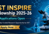DST INSPIRE Fellowship 2025-26 | Applications Open – Fully Funded Research Opportunity by DST Call for INSPIRE Fellowship 2025 Fully Funded Research Opportunity by DST. A vibrant featured image banner for a life science freshers job posting. At the top, on a deep teal semi-transparent banner, is the white Biotecnika logo. Below it, in white text, is the headline "MSc LIFE SCIENCE FRESHERS JOB" followed by "at Thermo Fisher Scientific". The scene below shows five smiling young scientists in clean lab coats collaborating dynamically around a large, transparent holographic display of a complex molecular structure in a state-of-the-art, sunlit life science laboratory. Centered at the bottom, there is a green-blue button with wave patterns that says "Apply now".
