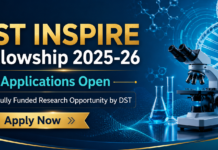 DST INSPIRE Fellowship 2025-26 | Applications Open – Fully Funded Research Opportunity by DST Call for INSPIRE Fellowship 2025 Fully Funded Research Opportunity by DST. A vibrant featured image banner for a life science freshers job posting. At the top, on a deep teal semi-transparent banner, is the white Biotecnika logo. Below it, in white text, is the headline "MSc LIFE SCIENCE FRESHERS JOB" followed by "at Thermo Fisher Scientific". The scene below shows five smiling young scientists in clean lab coats collaborating dynamically around a large, transparent holographic display of a complex molecular structure in a state-of-the-art, sunlit life science laboratory. Centered at the bottom, there is a green-blue button with wave patterns that says "Apply now".