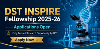Call for INSPIRE Fellowship 2025 Fully Funded Research Opportunity by DST. A vibrant featured image banner for a life science freshers job posting. At the top, on a deep teal semi-transparent banner, is the white Biotecnika logo. Below it, in white text, is the headline "MSc LIFE SCIENCE FRESHERS JOB" followed by "at Thermo Fisher Scientific". The scene below shows five smiling young scientists in clean lab coats collaborating dynamically around a large, transparent holographic display of a complex molecular structure in a state-of-the-art, sunlit life science laboratory. Centered at the bottom, there is a green-blue button with wave patterns that says "Apply now".