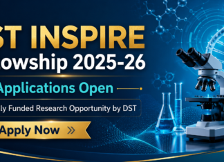 DST INSPIRE Fellowship 2025-26 | Applications Open – Fully Funded Research Opportunity by DST Call for INSPIRE Fellowship 2025 Fully Funded Research Opportunity by DST. A vibrant featured image banner for a life science freshers job posting. At the top, on a deep teal semi-transparent banner, is the white Biotecnika logo. Below it, in white text, is the headline "MSc LIFE SCIENCE FRESHERS JOB" followed by "at Thermo Fisher Scientific". The scene below shows five smiling young scientists in clean lab coats collaborating dynamically around a large, transparent holographic display of a complex molecular structure in a state-of-the-art, sunlit life science laboratory. Centered at the bottom, there is a green-blue button with wave patterns that says "Apply now".