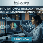 Computational Biology Faculty Job at Mahindra University. A professional featured image for a computational biology faculty job opening at Mahindra University, created for Biotecnika. The scene depicts a female academic or researcher in a modern, high-tech lab or data center, interacting with multiple large monitors. The screens display complex genomic sequences, a vibrant 3D protein structure, and analytical graphs. The Biotecnika logo is positioned at the top center, the bold text "COMPUTATIONAL BIOLOGY FACULTY JOB AT MAHINDRA UNIVERSITY" is featured prominently, and a teal "APPLY NOW" button is at the bottom.