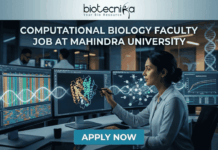 Computational Biology Faculty Job at Mahindra University | Academic Career Opportunity! Computational Biology Faculty Job at Mahindra University. A professional featured image for a computational biology faculty job opening at Mahindra University, created for Biotecnika. The scene depicts a female academic or researcher in a modern, high-tech lab or data center, interacting with multiple large monitors. The screens display complex genomic sequences, a vibrant 3D protein structure, and analytical graphs. The Biotecnika logo is positioned at the top center, the bold text "COMPUTATIONAL BIOLOGY FACULTY JOB AT MAHINDRA UNIVERSITY" is featured prominently, and a teal "APPLY NOW" button is at the bottom.