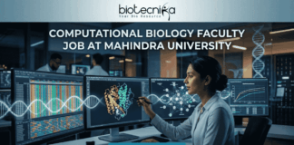 Computational Biology Faculty Job at Mahindra University. A professional featured image for a computational biology faculty job opening at Mahindra University, created for Biotecnika. The scene depicts a female academic or researcher in a modern, high-tech lab or data center, interacting with multiple large monitors. The screens display complex genomic sequences, a vibrant 3D protein structure, and analytical graphs. The Biotecnika logo is positioned at the top center, the bold text "COMPUTATIONAL BIOLOGY FACULTY JOB AT MAHINDRA UNIVERSITY" is featured prominently, and a teal "APPLY NOW" button is at the bottom.