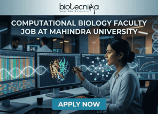 Computational Biology Faculty Job at Mahindra University | Academic Career Opportunity! Computational Biology Faculty Job at Mahindra University. A professional featured image for a computational biology faculty job opening at Mahindra University, created for Biotecnika. The scene depicts a female academic or researcher in a modern, high-tech lab or data center, interacting with multiple large monitors. The screens display complex genomic sequences, a vibrant 3D protein structure, and analytical graphs. The Biotecnika logo is positioned at the top center, the bold text "COMPUTATIONAL BIOLOGY FACULTY JOB AT MAHINDRA UNIVERSITY" is featured prominently, and a teal "APPLY NOW" button is at the bottom.