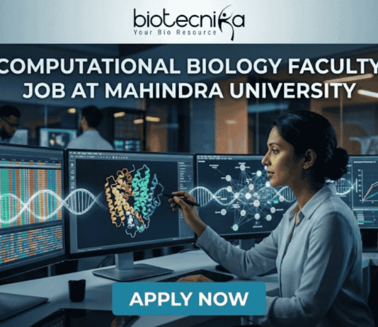 Computational Biology Faculty Job at Mahindra University. A professional featured image for a computational biology faculty job opening at Mahindra University, created for Biotecnika. The scene depicts a female academic or researcher in a modern, high-tech lab or data center, interacting with multiple large monitors. The screens display complex genomic sequences, a vibrant 3D protein structure, and analytical graphs. The Biotecnika logo is positioned at the top center, the bold text "COMPUTATIONAL BIOLOGY FACULTY JOB AT MAHINDRA UNIVERSITY" is featured prominently, and a teal "APPLY NOW" button is at the bottom.