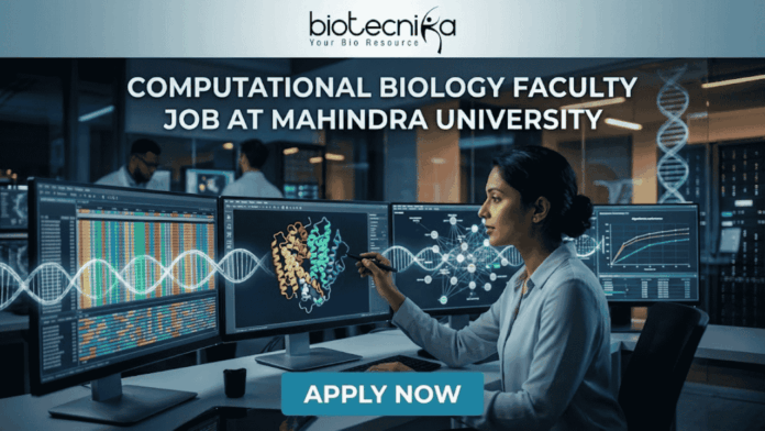 Computational Biology Faculty Job at Mahindra University (1) Computational Biology Faculty Job at Mahindra University. A professional featured image for a computational biology faculty job opening at Mahindra University, created for Biotecnika. The scene depicts a female academic or researcher in a modern, high-tech lab or data center, interacting with multiple large monitors. The screens display complex genomic sequences, a vibrant 3D protein structure, and analytical graphs. The Biotecnika logo is positioned at the top center, the bold text "COMPUTATIONAL BIOLOGY FACULTY JOB AT MAHINDRA UNIVERSITY" is featured prominently, and a teal "APPLY NOW" button is at the bottom.
