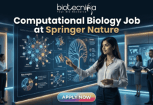 Computational Biology Job at Springer Nature – Build Your Science Communication Career Today!! Computational Biology Job at Springer Nature – Build Your Science Communication Career Today!! Biotecnika corporate logo and tagline: "Your Bio Resource". The logo features the text "biotecnika" in a modern, black, bold sans-serif font. Below it, in a smaller, thinner font, is the text "Your Bio Resource". To the right of the brand name, there is a stylized, elegant black icon of a dynamic, leaping human figure formed by flowing curved lines, with a simple dot for a head. All elements are in black against a white background.