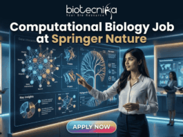 Computational Biology Job at Springer Nature – Build Your Science Communication Career Today!! Biotecnika corporate logo and tagline: "Your Bio Resource". The logo features the text "biotecnika" in a modern, black, bold sans-serif font. Below it, in a smaller, thinner font, is the text "Your Bio Resource". To the right of the brand name, there is a stylized, elegant black icon of a dynamic, leaping human figure formed by flowing curved lines, with a simple dot for a head. All elements are in black against a white background.
