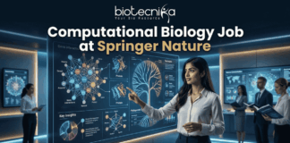 Computational Biology Job at Springer Nature – Build Your Science Communication Career Today!! Biotecnika corporate logo and tagline: "Your Bio Resource". The logo features the text "biotecnika" in a modern, black, bold sans-serif font. Below it, in a smaller, thinner font, is the text "Your Bio Resource". To the right of the brand name, there is a stylized, elegant black icon of a dynamic, leaping human figure formed by flowing curved lines, with a simple dot for a head. All elements are in black against a white background.