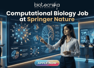 Computational Biology Job at Springer Nature – Build Your Science Communication Career Today!! Computational Biology Job at Springer Nature – Build Your Science Communication Career Today!! Biotecnika corporate logo and tagline: "Your Bio Resource". The logo features the text "biotecnika" in a modern, black, bold sans-serif font. Below it, in a smaller, thinner font, is the text "Your Bio Resource". To the right of the brand name, there is a stylized, elegant black icon of a dynamic, leaping human figure formed by flowing curved lines, with a simple dot for a head. All elements are in black against a white background.