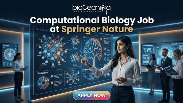 Computational Biology Job at Springer Nature – Build Your Science Communication Career Today!! Computational Biology Job at Springer Nature – Build Your Science Communication Career Today!! Biotecnika corporate logo and tagline: "Your Bio Resource". The logo features the text "biotecnika" in a modern, black, bold sans-serif font. Below it, in a smaller, thinner font, is the text "Your Bio Resource". To the right of the brand name, there is a stylized, elegant black icon of a dynamic, leaping human figure formed by flowing curved lines, with a simple dot for a head. All elements are in black against a white background.