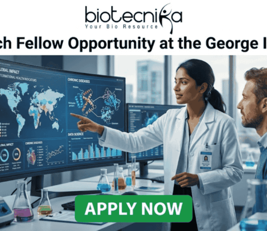 Research Fellow at George Institute | Fresher's Job India. A professional featured job image with the Biotecnika logo at the top and a bold headline reading "Research Fellow Opportunity at the George Institute." The central scene features a female scientist in a white lab coat pointing to a large digital monitor displaying global health maps, data analytics, and chronic disease trends, while a male colleague looks on. The setting is a modern, high-tech laboratory equipped with a microscope and glassware. At the bottom center, there is a prominent green "APPLY NOW" button.