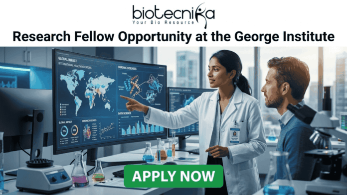Research Fellow at George Institute | Fresher's Job India. A professional featured job image with the Biotecnika logo at the top and a bold headline reading "Research Fellow Opportunity at the George Institute." The central scene features a female scientist in a white lab coat pointing to a large digital monitor displaying global health maps, data analytics, and chronic disease trends, while a male colleague looks on. The setting is a modern, high-tech laboratory equipped with a microscope and glassware. At the bottom center, there is a prominent green "APPLY NOW" button.