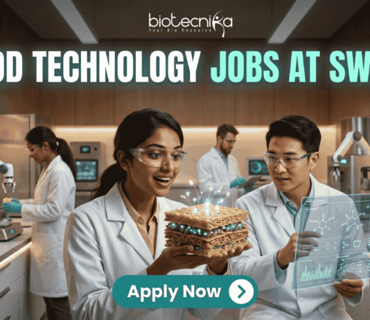 Exciting Food Technology Jobs Alert at Swish | Don't Miss This Opporunity. A unique and futuristic featured image for "Food Technology Jobs at Swish." Two scientists in a high-tech food lab are examining a glowing, layered "tech-food" sample. The lab is equipped with 3D food printers and robotic arms. The Biotecnika logo is at the top, and a clean "Apply Now" button with an arrow is at the bottom center.