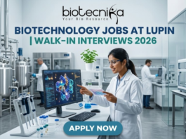 Lupin Walk-In Interviews 2026 | Biotechnology Jobs in R&D, Manufacturing & Quality Biotechnology Jobs at Lupin | Walk-In Interviews 2026. A high-quality, 1280x720 featured image for "Biotechnology Jobs at Lupin | Walk-In Interviews 2026." The image features the Biotecnika logo at the top center. In a modern, bright industrial laboratory, a female scientist in a white lab coat and safety goggles points to a monitor displaying a detailed 3D protein structure. Large stainless steel bioreactors and advanced lab equipment are visible in the background, creating a realistic pharmaceutical R&D atmosphere. The main title is displayed in bold teal and dark blue lettering, and a prominent blue "APPLY NOW" button is positioned at the bottom.