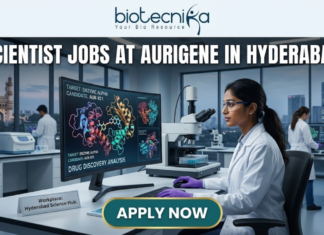 High-Paying Scientist Jobs in Hyderabad – Aurigene Hiring MSc Life Science Graduates Now! Scientist Jobs at Aurigene in Hyderabad. A high-quality, professional featured image for "Scientist Jobs at Aurigene in Hyderabad." The scene depicts a female scientist in a white lab coat and purple gloves working in a sophisticated laboratory. She is focused on a large monitor displaying vibrant 3D molecular structures under the heading "Drug Discovery Analysis." Her desk features a modern microscope and a small plaque that says "Workplace: Hyderabad Science Hub." In the background, the iconic Charminar is visible through a large window, establishing the Hyderabad setting. The Biotecnika logo is positioned at the top center, the job title is in bold white lettering, and a prominent "APPLY NOW" button is at the bottom.