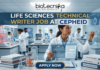 Life Sciences Job Alert| Cepheid Hiring Technical Writer. A professional recruitment image for a "Life Sciences Technical Writer Job at Cepheid." The scene features a female professional in a lab setting interacting with a futuristic transparent digital display showing 3D viral structures and DNA strands. In the foreground, stacked binders are clearly labeled "PROTOCOL DEVELOPMENT," "TECHNICAL MANUAL," and "TECHNICAL DOCUMENTATION." The Biotecnika logo is positioned at the top center, and a bold "APPLY NOW" button is at the bottom. The background shows a high-tech laboratory with researchers and bioreactor equipment.