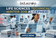 Life Sciences Job Alert| Cepheid Hiring Technical Writer in Bangalore | You Can’t Miss It! Life Sciences Job Alert| Cepheid Hiring Technical Writer. A professional recruitment image for a "Life Sciences Technical Writer Job at Cepheid." The scene features a female professional in a lab setting interacting with a futuristic transparent digital display showing 3D viral structures and DNA strands. In the foreground, stacked binders are clearly labeled "PROTOCOL DEVELOPMENT," "TECHNICAL MANUAL," and "TECHNICAL DOCUMENTATION." The Biotecnika logo is positioned at the top center, and a bold "APPLY NOW" button is at the bottom. The background shows a high-tech laboratory with researchers and bioreactor equipment.