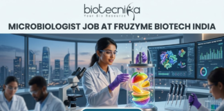 Fruzyme Biotech India Hiring Microbiologist Job | Freshers Eligible Apply Now! Microbiologist Job at Fruzyme Biotech India | Freshers Eligible. A professional and vibrant featured image for a "Microbiologist Job at Fruzyme Biotech India." The image depicts a female scientist in a high-tech lab working with a unique bioreactor containing glowing, levitating fruit slices, symbolizing specialized enzyme research. Modern lab equipment, data-filled monitors showing "Fruit Polysaccharide Enzyme Pathways," and a city skyline are visible in the background. The Biotecnika logo is positioned at the top center, the main title is in bold black text, and a prominent "APPLY NOW" button is at the bottom.