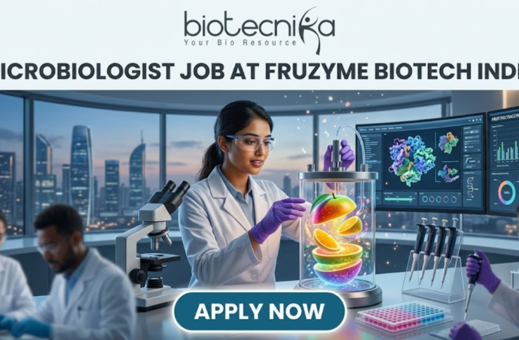 Fruzyme Biotech India Hiring Microbiologist Job | Freshers Eligible Apply Now! Microbiologist Job at Fruzyme Biotech India | Freshers Eligible. A professional and vibrant featured image for a "Microbiologist Job at Fruzyme Biotech India." The image depicts a female scientist in a high-tech lab working with a unique bioreactor containing glowing, levitating fruit slices, symbolizing specialized enzyme research. Modern lab equipment, data-filled monitors showing "Fruit Polysaccharide Enzyme Pathways," and a city skyline are visible in the background. The Biotecnika logo is positioned at the top center, the main title is in bold black text, and a prominent "APPLY NOW" button is at the bottom.
