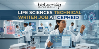 Life Sciences Job Alert| Cepheid Hiring Technical Writer in Bangalore | You Can’t Miss It! Life Sciences Job Alert| Cepheid Hiring Technical Writer. A professional recruitment image for a "Life Sciences Technical Writer Job at Cepheid." The scene features a female professional in a lab setting interacting with a futuristic transparent digital display showing 3D viral structures and DNA strands. In the foreground, stacked binders are clearly labeled "PROTOCOL DEVELOPMENT," "TECHNICAL MANUAL," and "TECHNICAL DOCUMENTATION." The Biotecnika logo is positioned at the top center, and a bold "APPLY NOW" button is at the bottom. The background shows a high-tech laboratory with researchers and bioreactor equipment.